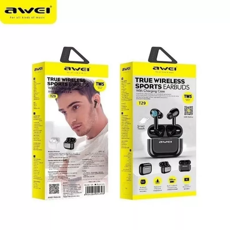 Auriculares Bluetooth 5.0 Awei T29 TWS + base de carga negro/negro