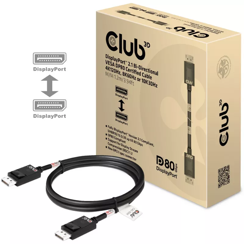 Club 3D CAC-1091 cable DisplayPort 2.1, certificado VESA DP80, bidireccional, 4K120Hz / 8K60Hz / 10K30Hz, macho/macho, 1,2 m