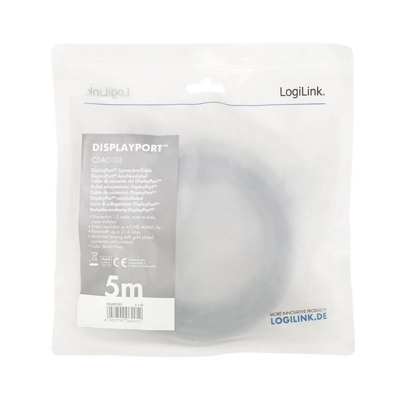 Logilink - Cable DisplayPort - DisplayPort (M) a DisplayPort (M) - DisplayPort 1.2 - 5 m - compatible con 4K 60 Hz, compatible con 2K 165 Hz (2560 x 1440)