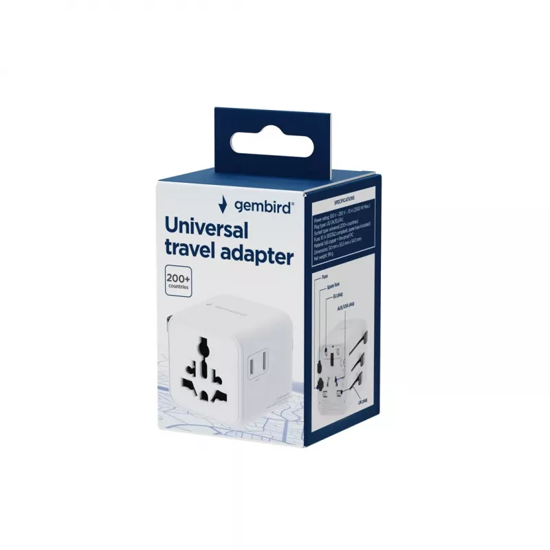 Adaptador de viaje universal GEMBIRD TPA-INT-01-W — entrada 100–250 V, conector Type-G, dimensiones compactas 84×56×85 mm
