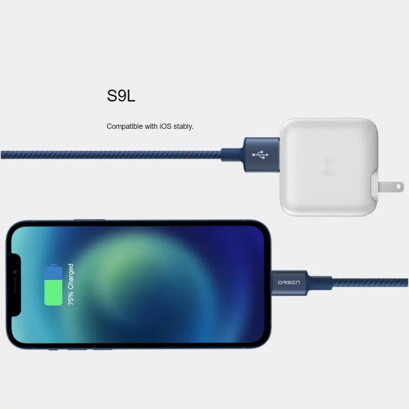 Cable USB-A a Lightning Orsen S9L 1 m 2,1A — negro
