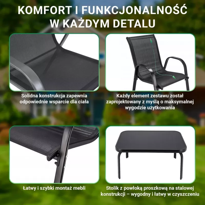Conjunto de jardín Extralink Black Forest, textileno dos sillas + mesa negra