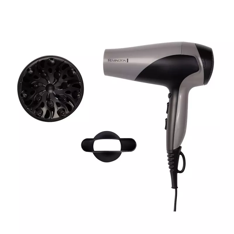 Secador de pelo Remington D3190S — 2200 W, iónico, 3 niveles de calor, 2 velocidades, aire frío, difusor y concentrador (plateado/negro)