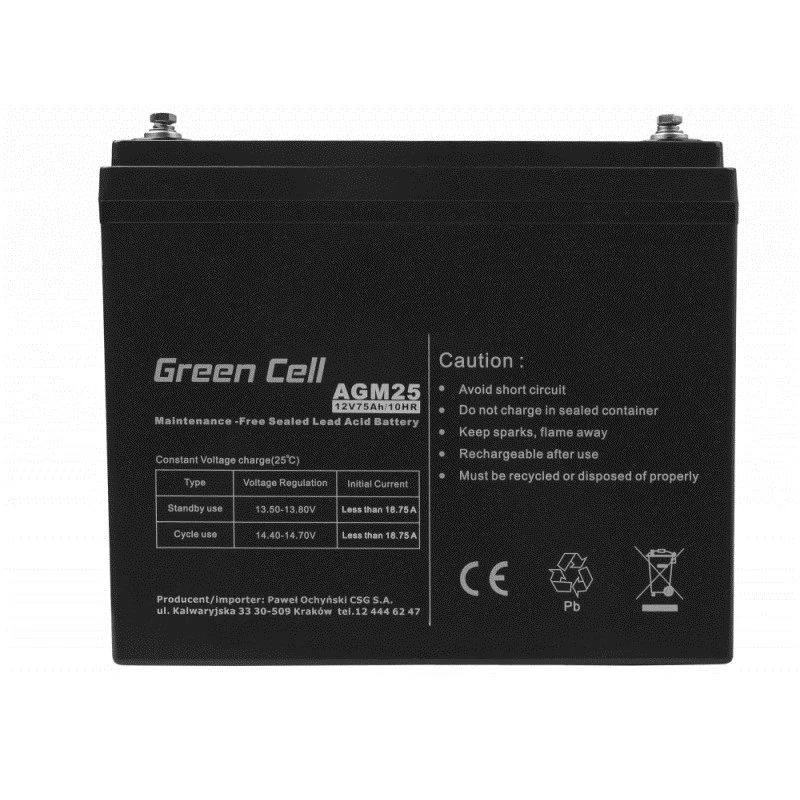 Batería para SAI de plomo-ácido sellada Green Cell AGM25 12 V 75 Ah, VRLA, 75 Ah, 12 V, 21,3 kg
