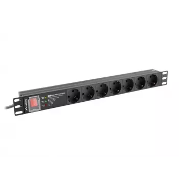 Unidad de distribución de corriente LANBERG PDU-PRO-07F-0200-BK — PDU para rack 1U, 7 tomas Type-F, 16 A, cable de 2 m, negro