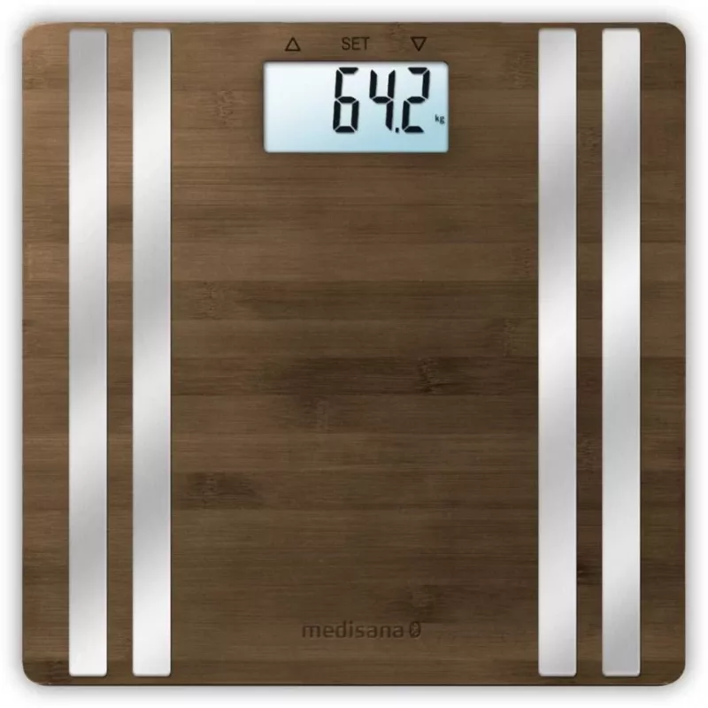 Báscula de baño electrónica Medisana BS 552 — color plata con superficie de bambú, máx. 180 kg, precisión de 100 g, Bluetooth, IMC, composición corporal