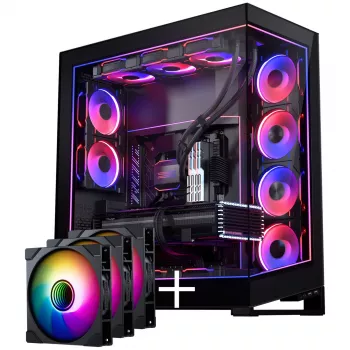 Caja E-ATX PHANTEKS NV Series NV7, cristal templado, ARGB - negra & ventiladores M25 Gen2 PWM D-RGB pack de 3 - Reverse Blade, 140 mm + kit DRGB