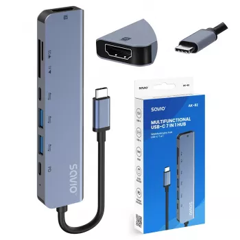 Hub USB Type-C SAVIO AK-82 con HDMI, MicroSD, USB 3.2 Gen1, PD pass-through, 4K@30Hz, 5000 Mbit/s, negro