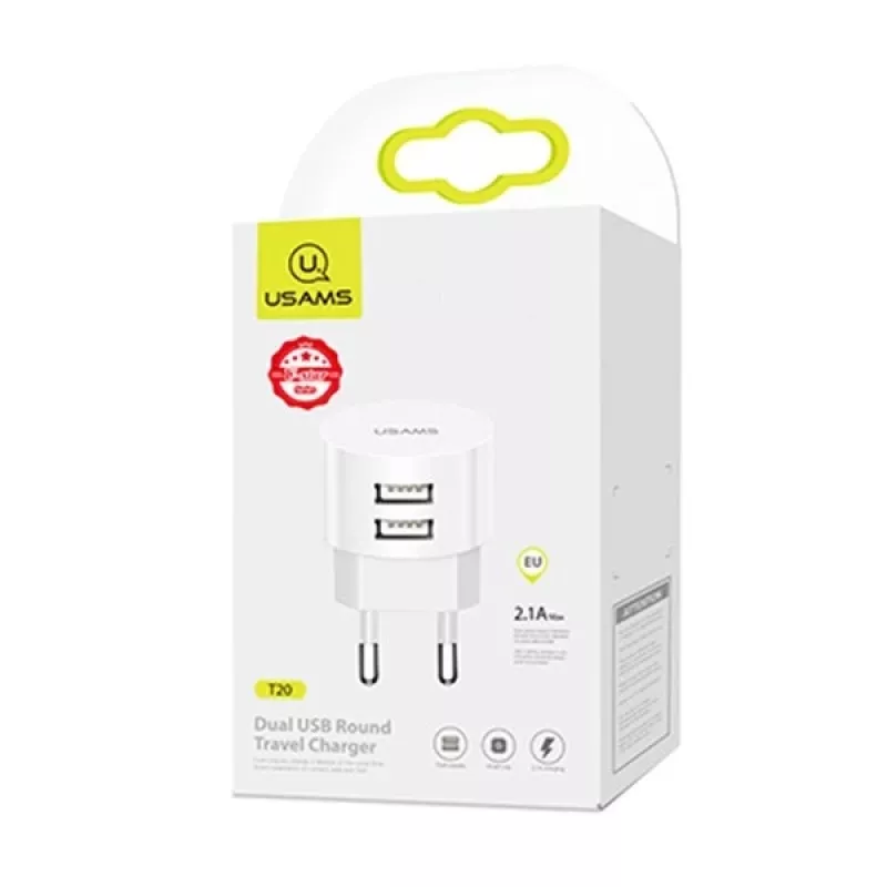 Cargador usams XTXLOGT18TC05 con 2 conectores USB y cable USB‑C integrado, salida 2,1A