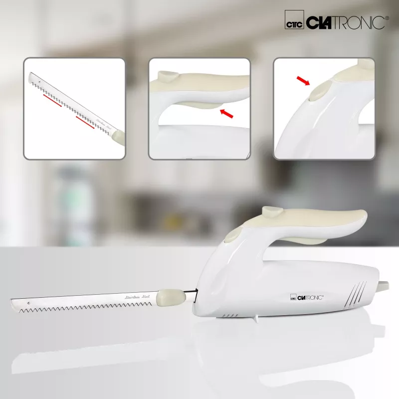 Cuchillo eléctrico CLATRONIC EM 3062, cortador de alimentos manual, blanco, cuchillas de acero inoxidable, 160 W