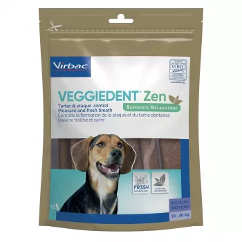 Snacks dentales para perros adultos VIRBAC VEGGIEDENT ZEN M, premios vegetales para la higiene dental, talla mediana