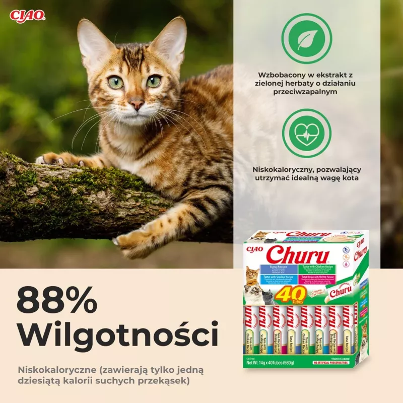 Snacks de alimento húmedo INABA Churu Variety Box — atún, 40 sobres de pasta de 14 g, sin cereales, sin gluten