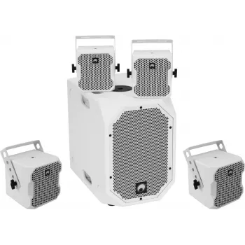 Set de altavoces activos Omnitronic BOB-10A ws con 4x BOB-4 ws — altavoz principal activo con cuatro altavoces satélite