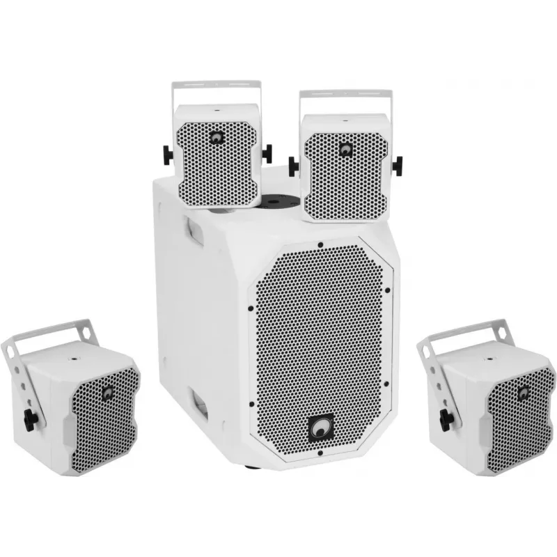 Set de altavoces activos Omnitronic BOB-10A ws con 4x BOB-4 ws — altavoz principal activo con cuatro altavoces satélite