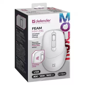 Ratón inalámbrico DEFENDER 52297 Silent Click – ambidiestro, 2,4 GHz Nano-USB, 1600 DPI, blanco