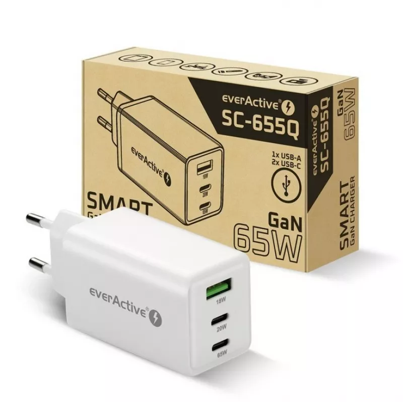 Cargador everActive SQ-655Q 65W, 1×USB-A + 2×USB-C carga rápida