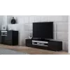 Soporte de TV cama meble VIVA 180 — 1800×400×370 mm, superficie superior negra (tablero de partículas), marco negro, detalles blancos