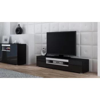 Soporte de TV cama meble VIVA 180 — 1800×400×370 mm, superficie superior negra (tablero de partículas), marco negro, detalles blancos