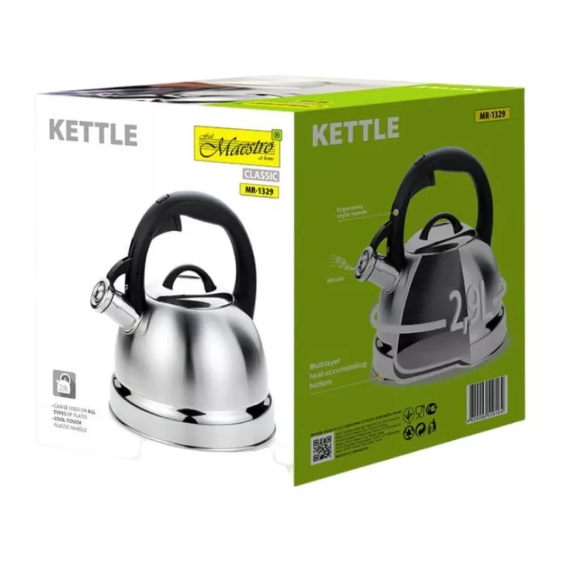 Hervidor no eléctrico Maestro MR-1329, acero inoxidable, 2,9 L, modelo para cocina con pico abatible, tapa manual