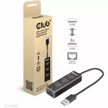 Hub USB CLUB3D USB 3.2 Gen1 Type-A con 3 puertos y Gigabit Ethernet