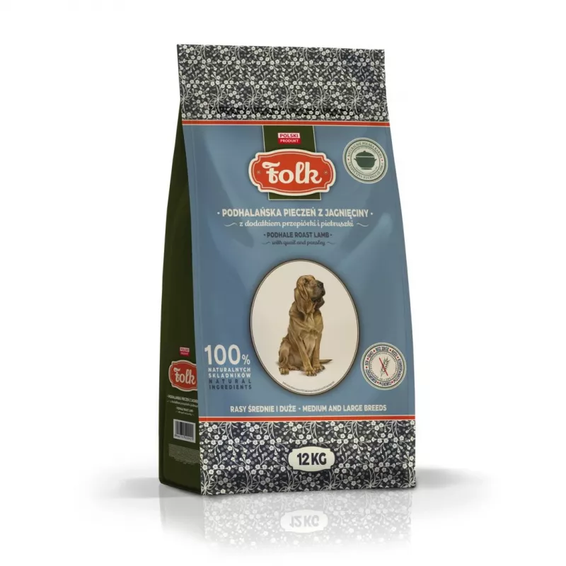 FOLK Razas medianas y grandes Asado de cordero al estilo Podhale con codorniz y perejil - Comida seca para perros - 12 kg