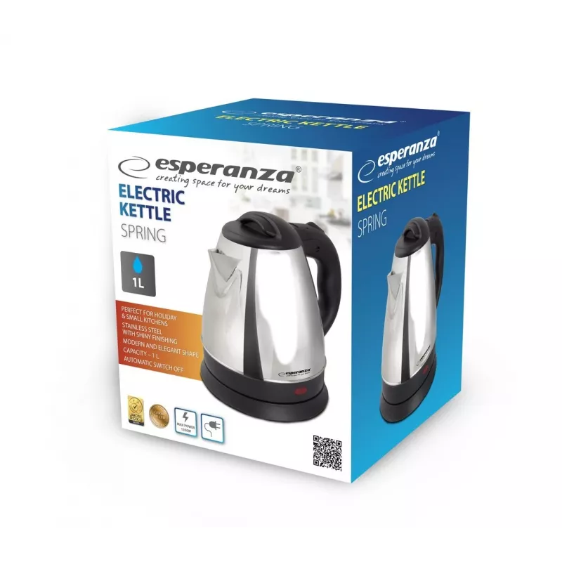 Hervidor de agua ESPERANZA 1,0 L acero inoxidable y plástico, 1350 W, inalámbrico, apagado automático