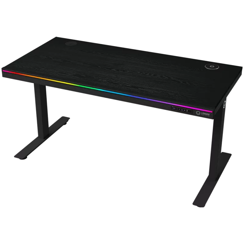 Mesa gaming de altura ajustable con doble motor, cargador inalámbrico, iluminación RGB, panel de control y puertos USB, tablero con superficie de melamina PB, negro