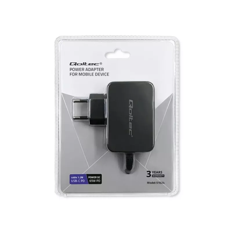 Cargador portátil QOLTEC 51024 – Cargador universal de CA para interiores, 65 W PD, 20 V/3,25 A, cable de 1,2 m, negro