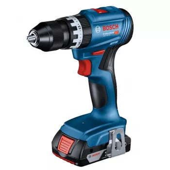 Atornillador percutor con batería Bosch GSB 18 V — 18 V, 4 Ah Li-Ion, 45 N·m, 500/1900 rpm, 35 mm madera, 10 mm acero, 2 baterías, cargador, maletín