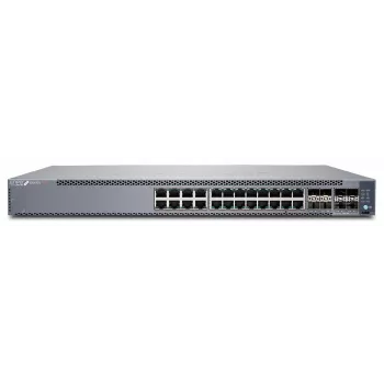 Juniper EX4100 24 puertos 10/100/1000BaseT PoE+, 4 puertos uplink 10G SFP+, 4 puertos de stacking/uplink 25G SFP28, ventiladores redundantes, 1 fuente de alimentación AC JPSU-920-AC-AFO incluida (ópticas no incluidas) con SW estándar. Conforme a TAA. (EX4100-24P)
