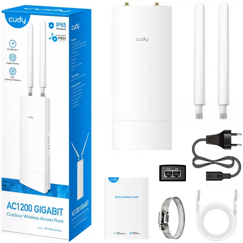 Punto de acceso Cudy AP1300 Outdoor — Doble banda 2,4/5 GHz, 300/867 Mbit/s, IP65, PoE, 2 antenas externas RP‑SMA