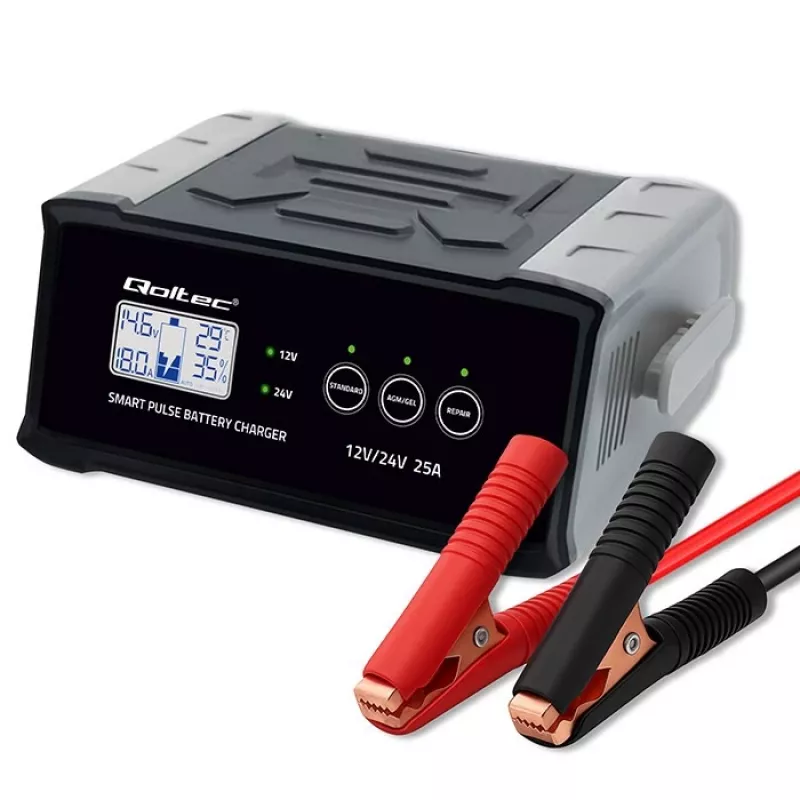 Cargador de baterías QOLTEC 52514 — 12V/24V, 25A, para baterías AGM/GEL/SLA con pantalla LCD