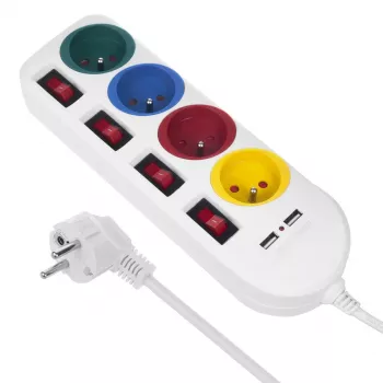 Regleta MACLEAN MCE229W — 4 tomas, 2× USB, cable de 1,5 m, Type F, 10 A, blanca