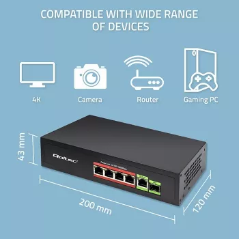 Switch Ethernet PoE QOLTEC 52296 — 4 puertos RJ45 PoE, 1 uplink RJ45