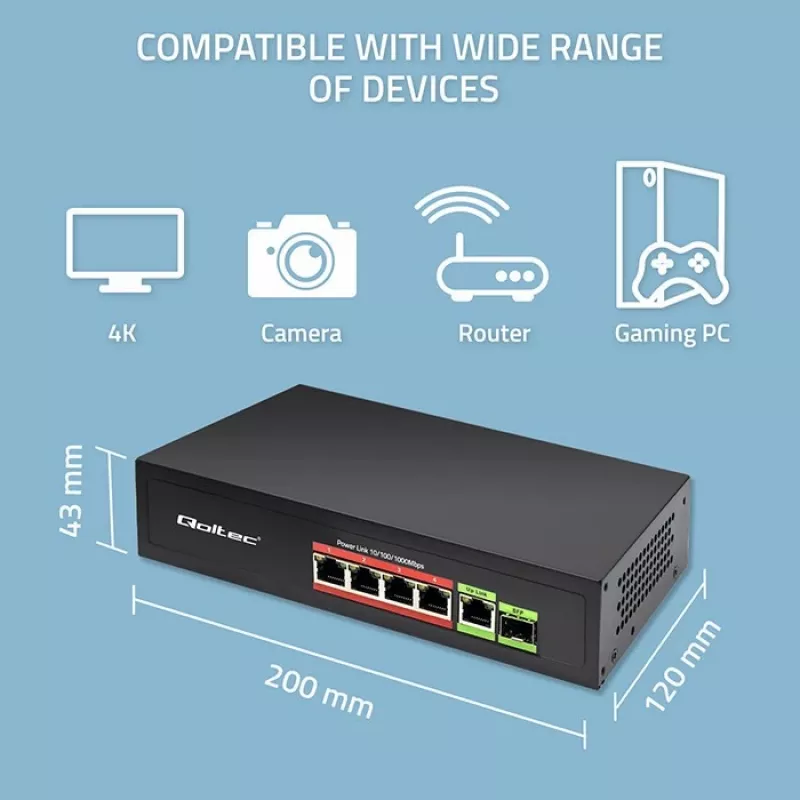 Switch Ethernet PoE QOLTEC 52296 — 4 puertos RJ45 PoE, 1 uplink RJ45