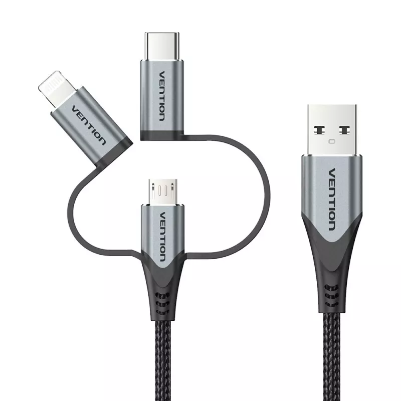 Cable Vention USB 2.0 conector macho A a conector macho 3 en 1 Micro-B&USB-C&Lightning 1M Gris Aleación de aluminio