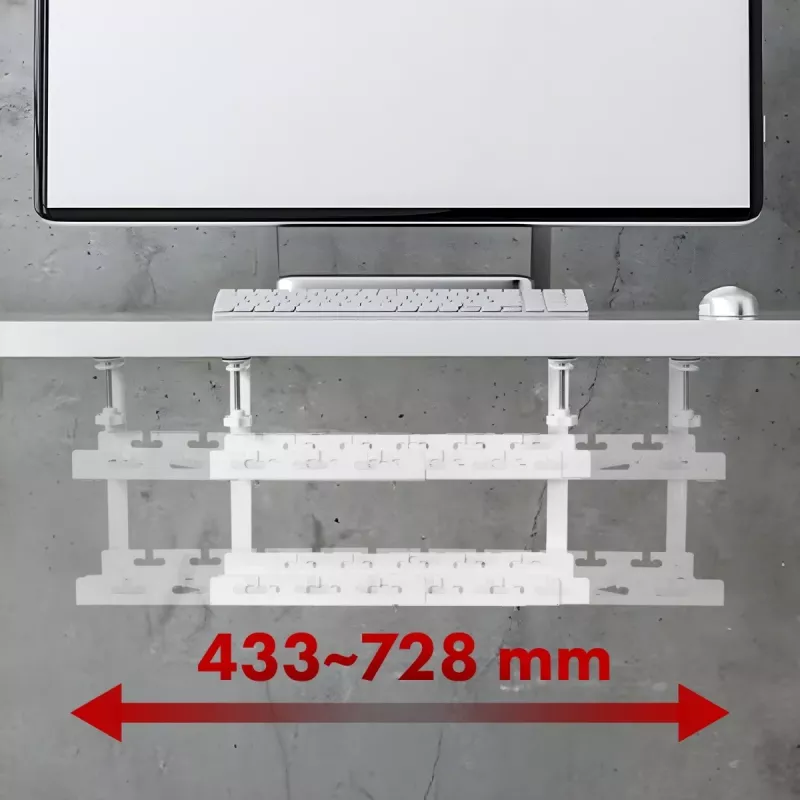 Organizador de cables bajo mesa MACLEAN MC-102W – soporte de acero para montaje bajo mesa, longitud regulable, compatible con tableros de 0,5–5 cm, carga 5 kg, blanco