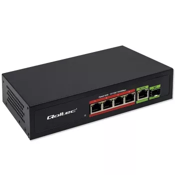 Switch Ethernet PoE QOLTEC 52296 — 4 puertos RJ45 PoE, 1 uplink RJ45