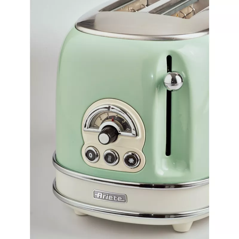 Tostadora Ariete 155 Design de 2 ranuras con cestillos para sándwich, 6 niveles de tostado, 810 W, carcasa de acero inoxidable, bandeja recogemigas extraíble, verde pastel