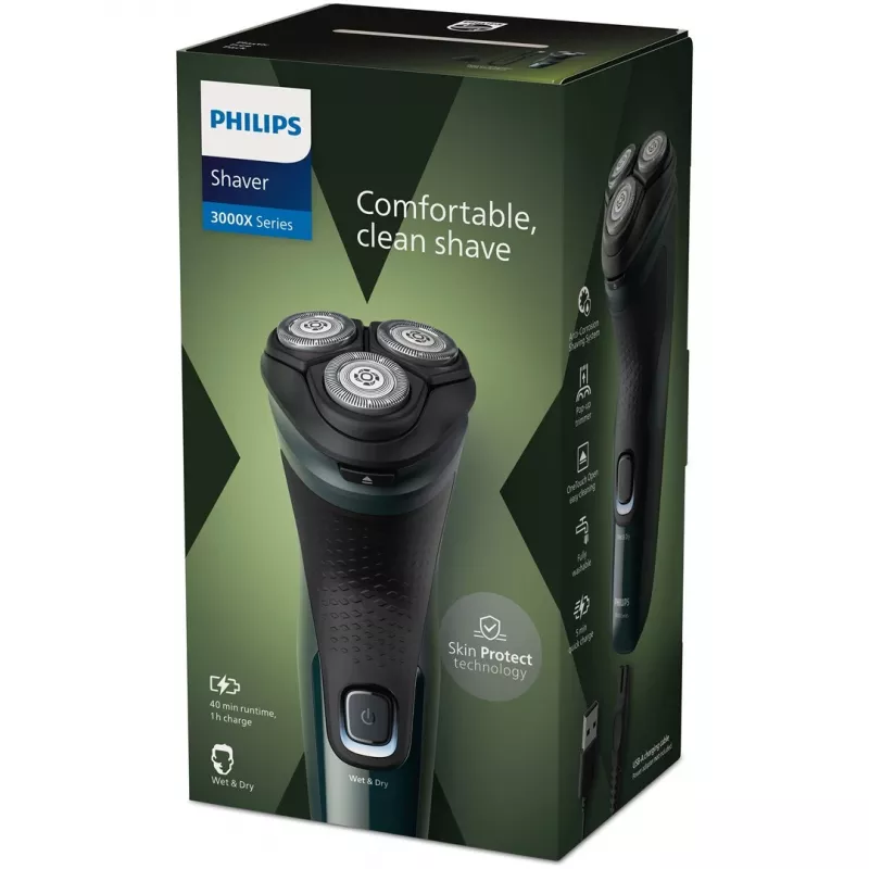 Afeitadora eléctrica rotatoria Philips 3000X Series X3002/00 – Afeitadora de 3 cabezales húmedo y seco, inalámbrica, batería NiMH, 40 minutos de autonomía