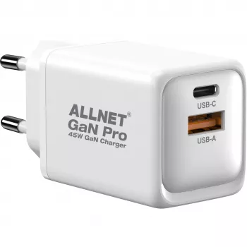 Fuente de alimentación ALLNET PSU-GaNPD-USB-1A1C-45W cargador GaN USB-C PD y USB-A QC de 45W