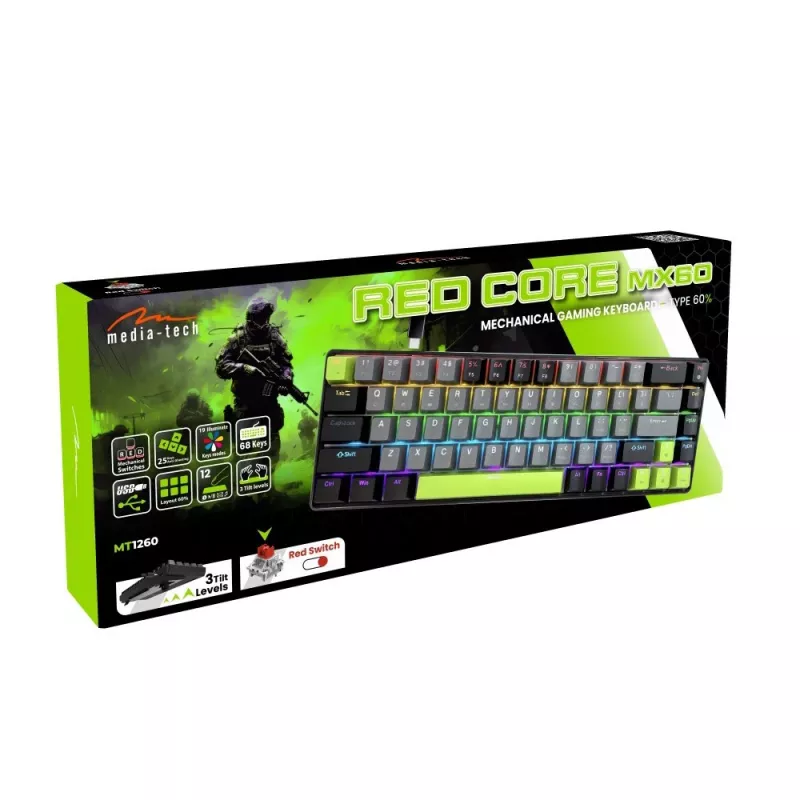 Teclado mecánico MEDIA-TECH MT1260 Red Core MX60, factor de forma 60%, interruptores CHERRY MX Red, iluminación RGB, USB, verde