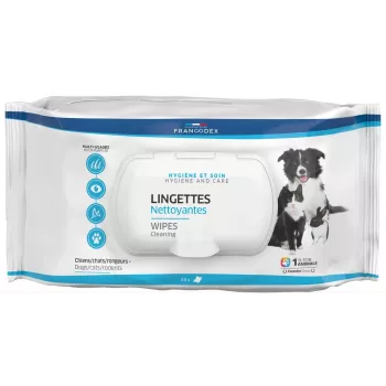 Toallitas de cuidado para mascotas FRANCODEX FR172205 — 80 uds. para perros y gatos, todo tipo de pelaje, envase de plástico