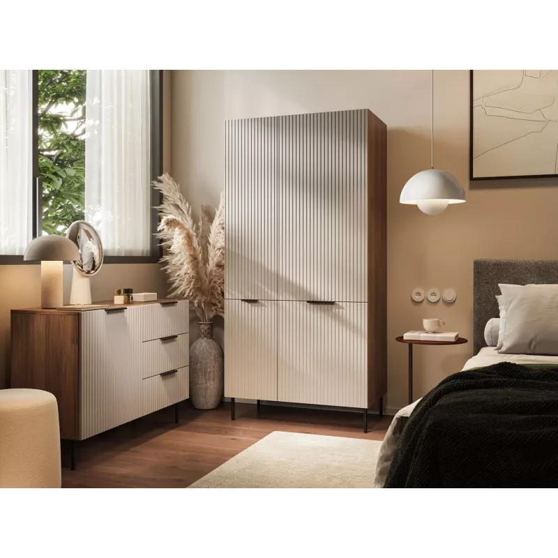 Armario Cama Meble ALMERA Cama 5 90x52x185 cm, marco nogal, puertas cashmere, 6 baldas