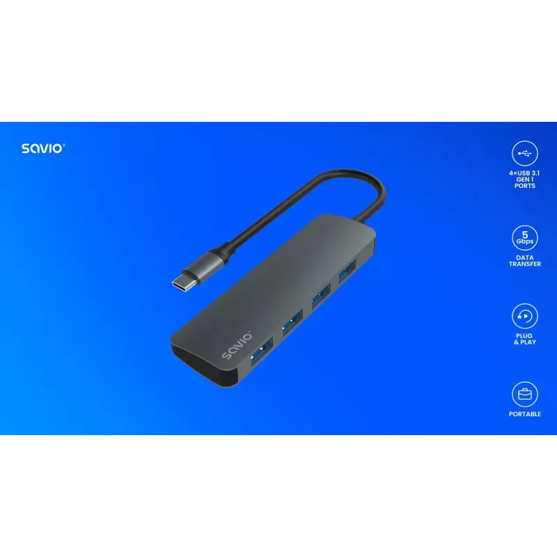 Hub USB SAVIO AK-54 — 4 x USB-A (USB 3.2 Gen 1), host USB-C, negro