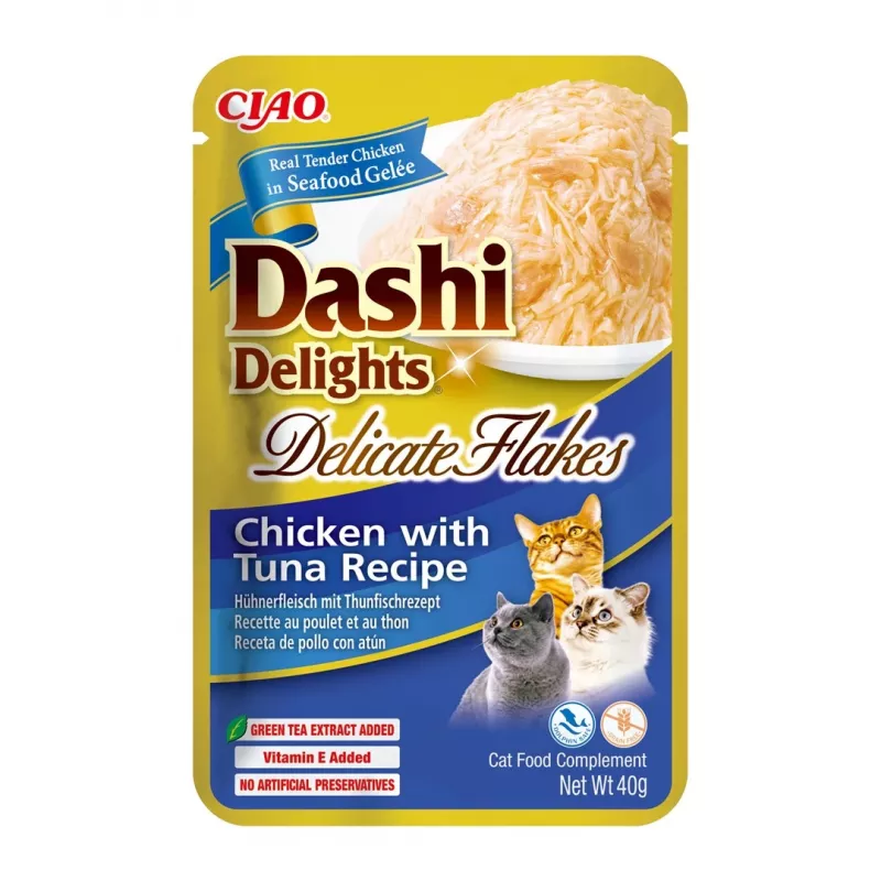 Snacks húmedos para gatos INABA Dashi Delights Delicate Flakes pollo con atún sobre de 40 g