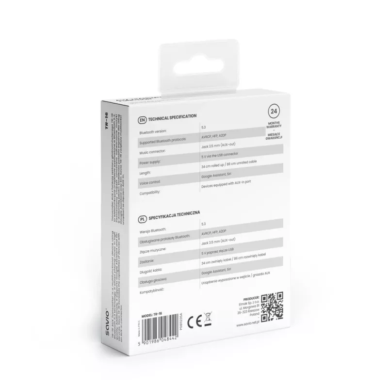 Savio TR-16 adaptador transmisor AUX con función manos libres, Bluetooth 5.3, Google Assistant/Siri