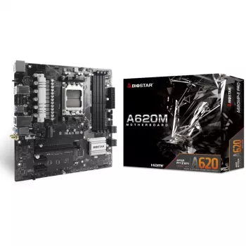 Placa base BIOSTAR A620MP-E PRO — AMD A620 microATX, zócalo AM5, DDR5, 4 DIMM, máx. 128 GB, 2,5Gb LAN