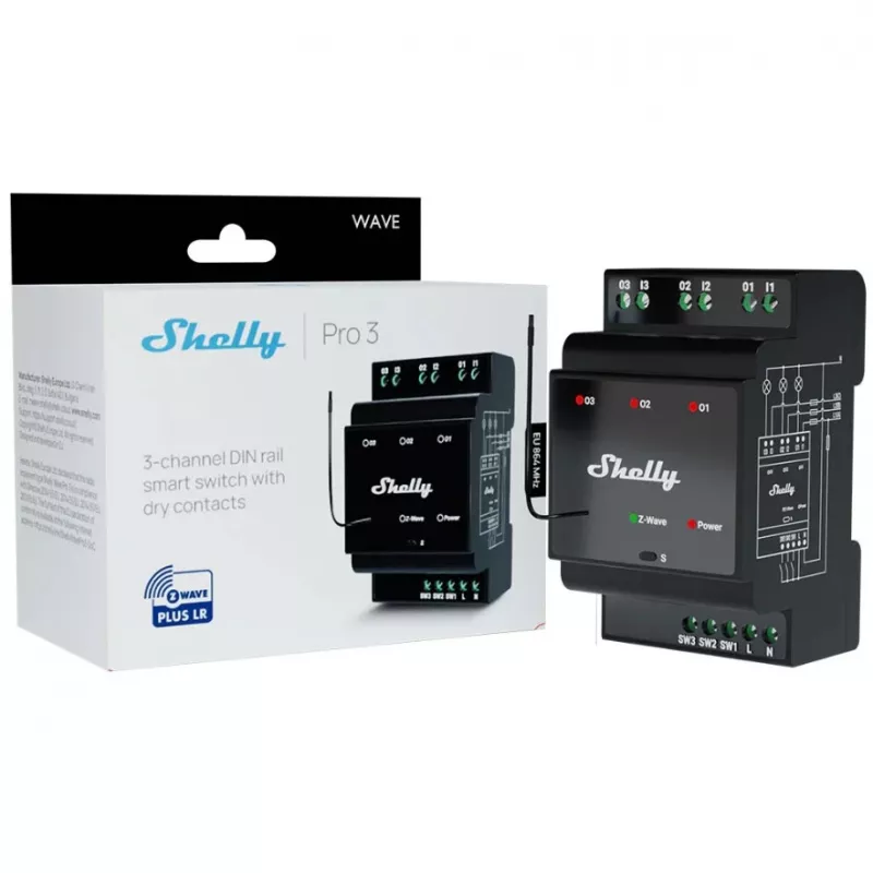 Relé inteligente Shelly Wave PRO 3 — negro, carcasa de plástico, 110–240 V AC, 50–60 Hz, 0,3 W, 53×59×96 mm