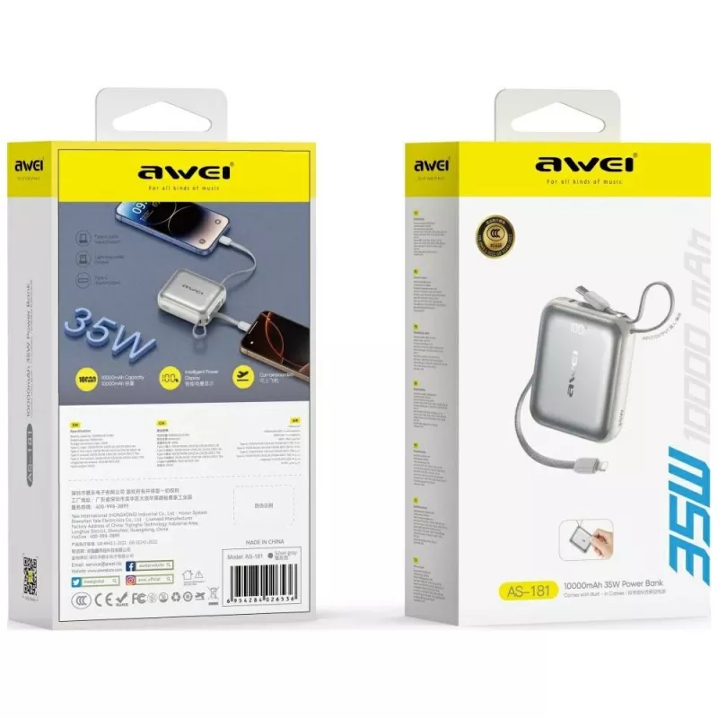 Batería externa Awei AS-181 10000mAh 35W con cable integrado